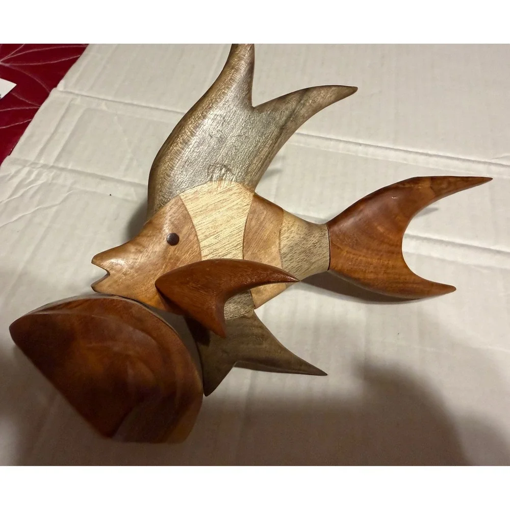 Vintage Hand Carved Mixed Wood Tropical Fish Sculpture Angel Fish Figurine 8in